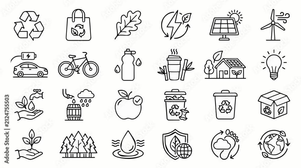 Fototapeta premium Eco friendly sustainability thin line icon set with recycling renewable energy green living and nature