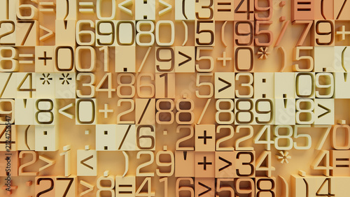 Vibrant Abstract Mosaic of Geometric Numbers in Diverse Sizes and Colors on Yellow Background for Creative Design, Digital Art, and Modern Aesthetic Projects