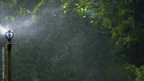 A tall commercial-grade sprinkler sprays a heavy volume of water across a lush, healthy lawn in a large garden under bright summer sunlight, surrounded by dense green foliage.