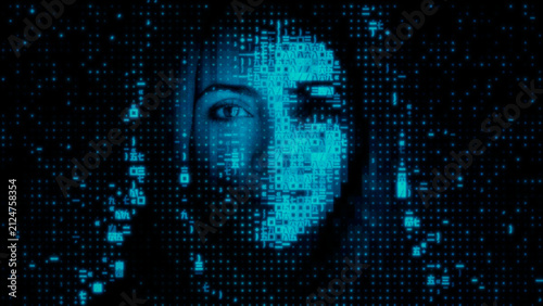 Female Face made of Digital Code. AI Training Data Concept.