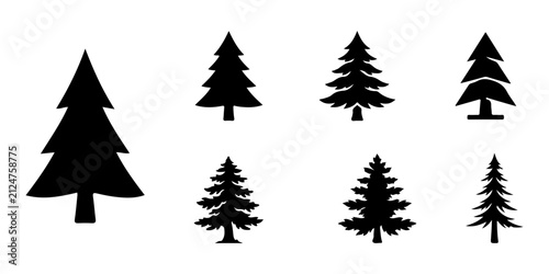 Evergreen Tree Silhouette Icons Set with Pine Spruce Fir Forest and Woodland Nature Vector Collection