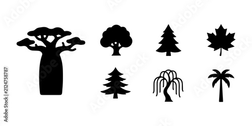 Tree Silhouette Icons Set with Baobab Pine Palm Willow Oak and Nature Forest Vector Collection