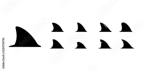 Shark Fin Silhouette Icons Set with Ocean Predator Marine Wildlife Sea Animal and Surf Vector Collection