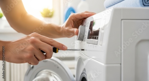 Man tightening washing machine screw in bright laundry room. Hand adjusts settings with screwdriver on modern washer and dryer. Essential home maintenance for appliance upkeep or repair services.