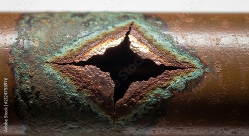 Close-up of old copper pipe with hole showing rust and corrosion. Old copper pipe features a noticeable opening with jagged edges revealing deterioration and wear, emphasizing plumbing concerns.