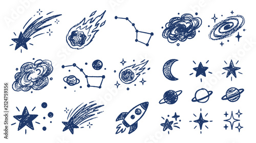 Hand-drawn space doodles isolated on transparent background