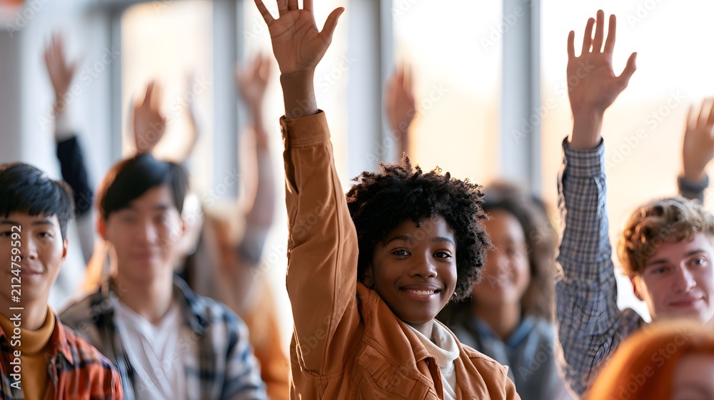 Fototapeta premium Diverse Students Raising Hands in Sunlit Classroom