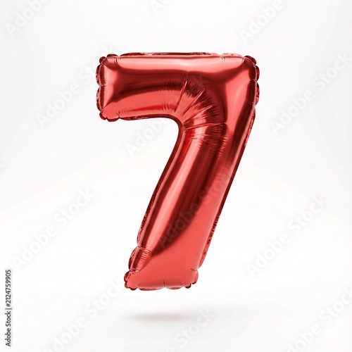 Floating metallic number seven balloon for celebrations. Shiny red foil digit decoration for birthdays and anniversaries.