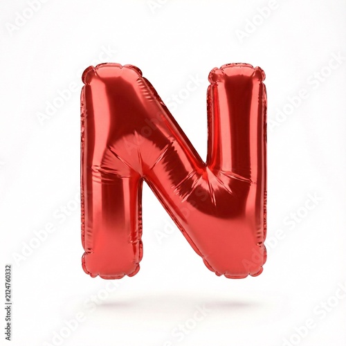 3D red metallic balloon letter N for celebration. Glossy foil party decor number or initial for events and branding.