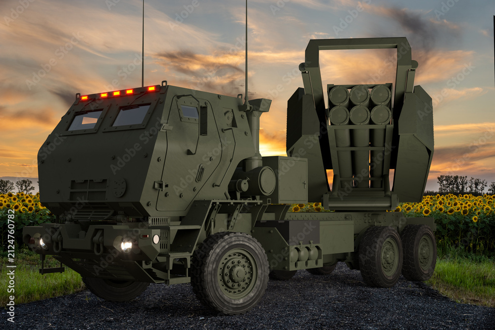 Obraz premium HIMARS rocket launchers on combat duty.3D rendering. 