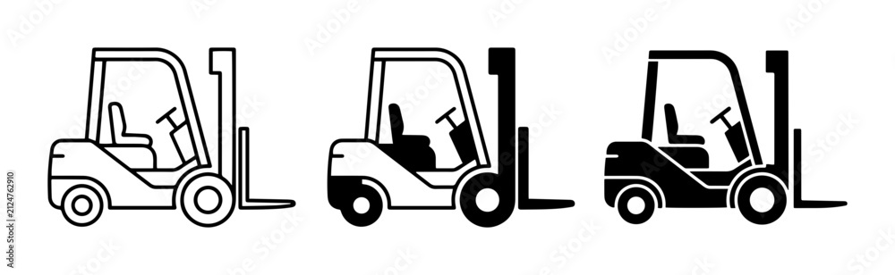 Fototapeta premium Forklift Icons Set, Industrial Vehicle Graphics, Warehouse Equipment Vector Illustrations