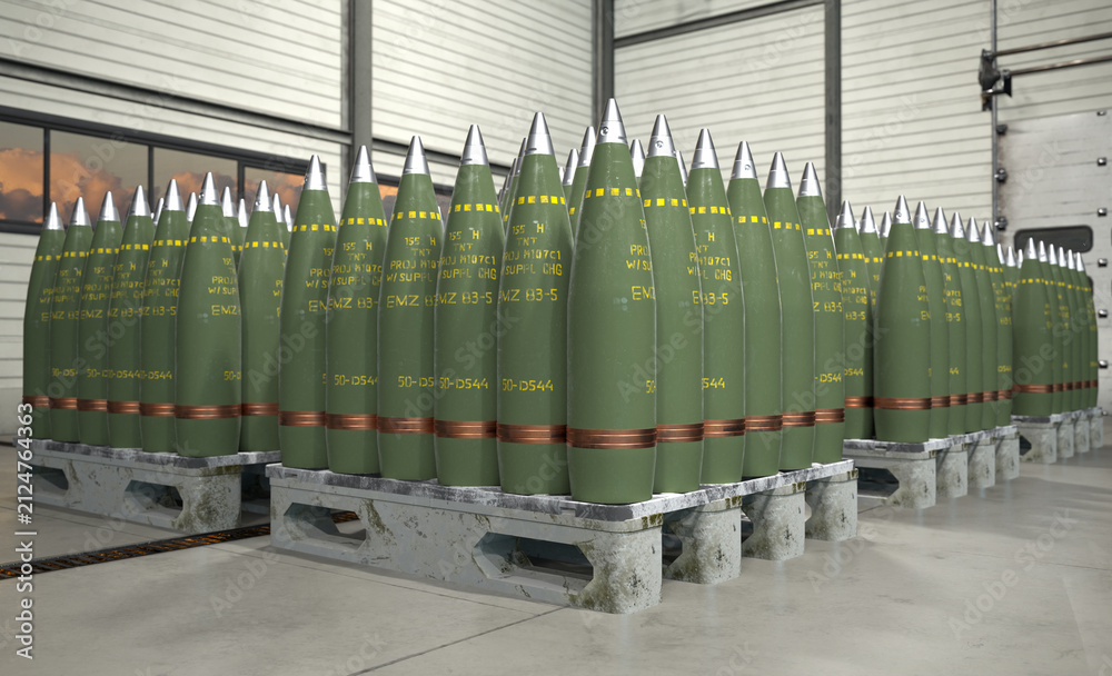 Fototapeta premium 155 mm artillery shells on crates