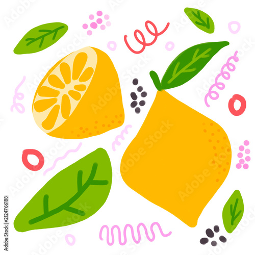 Cute Hand Drawn Lemon Fruit Illustration with Leaves and Citrus Slice