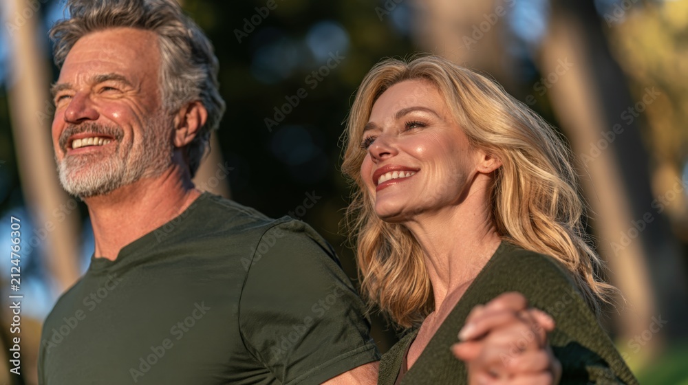 Fototapeta premium Golden light warms a smiling couple