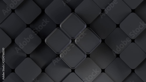 Looping 3d animation of dark matte rounded cubes, seamless abstract geometric background with moving black square blocks. 3d rendering not AI