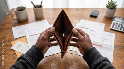 Empty wallet over unpaid household bills symbolizing financial stress rising living costs budget deficit and personal money shortage
