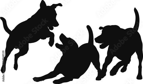 Three Dogs Playing Together Silhouette Vector Illustration