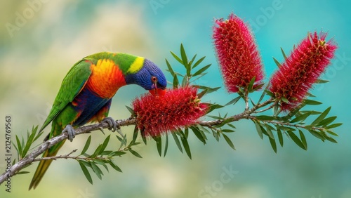 Rainbow Lorikeet Feeding on Red Bottlebrush Flowers