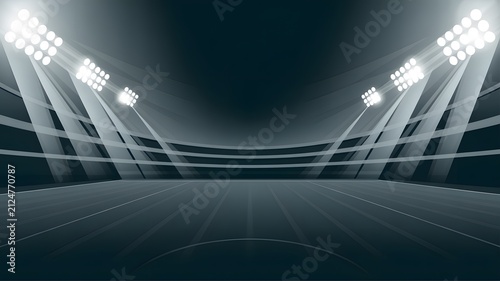 Massive empty stadium illuminated by bright powerful floodlights casting dramatic beams across the dark green grass field at night time