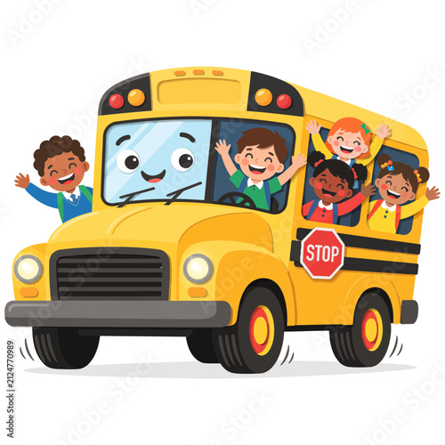Happy Children Riding Yellow School Bus Vector Illustration with Waving Kids