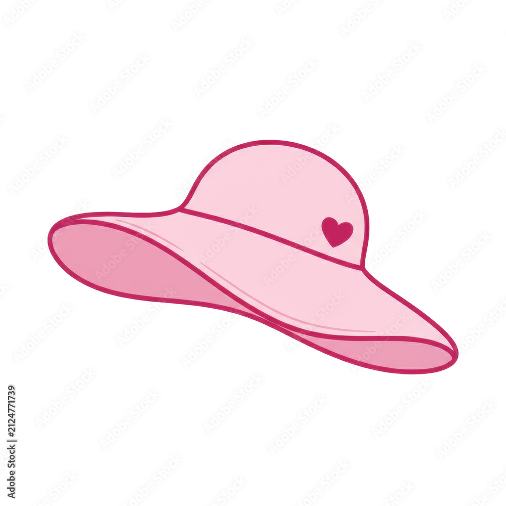 Fototapeta premium Stylish light pink sun hat in a three-quarter view with a wide undulating brim, magenta outlines and a dark pink heart on white, playful summer fashion atmosphere