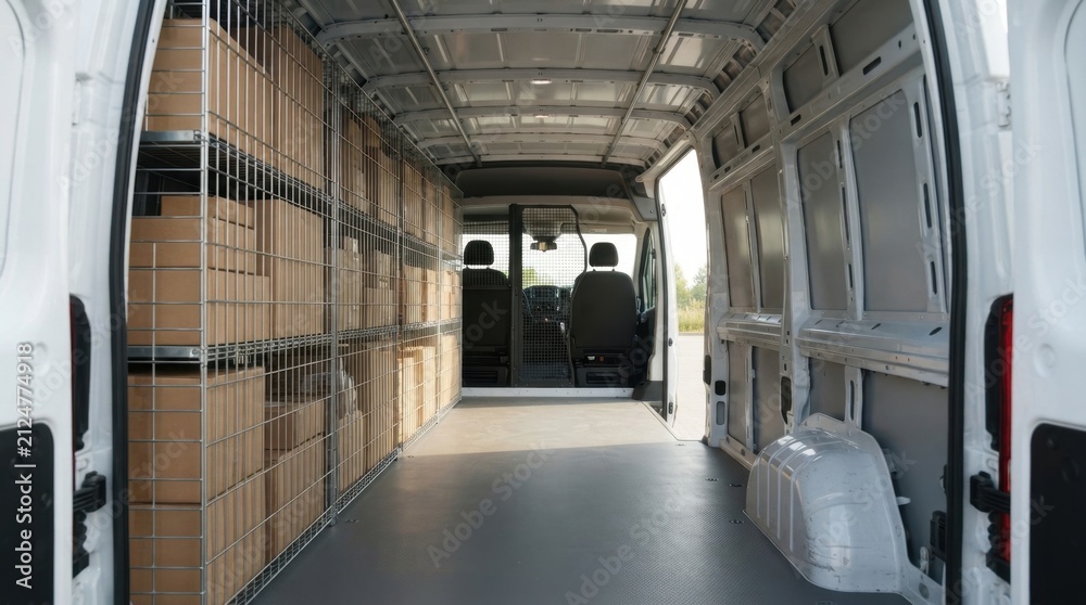 Fototapeta premium Interior of a Cargo Van with Wire-Caged Shelving