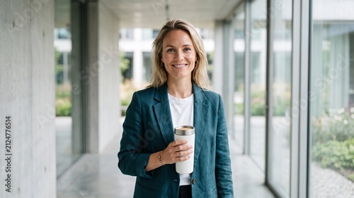 Professional businesswoman holding reusable coffee cup in modern office hallway.