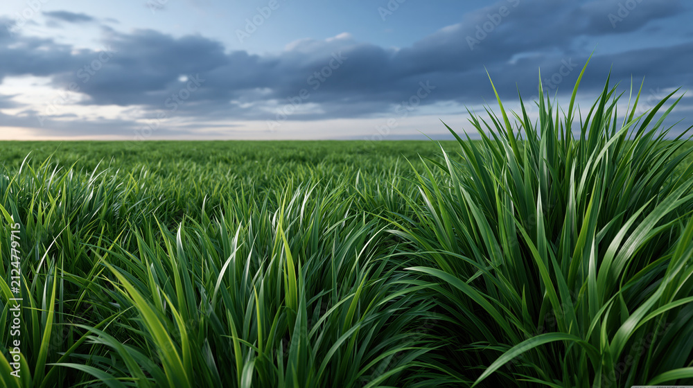 Obraz premium Green grass field stormy sky cloudy horizon natural landscape dense grass rural meadow fresh plant summer pasture wide view outdoor scene