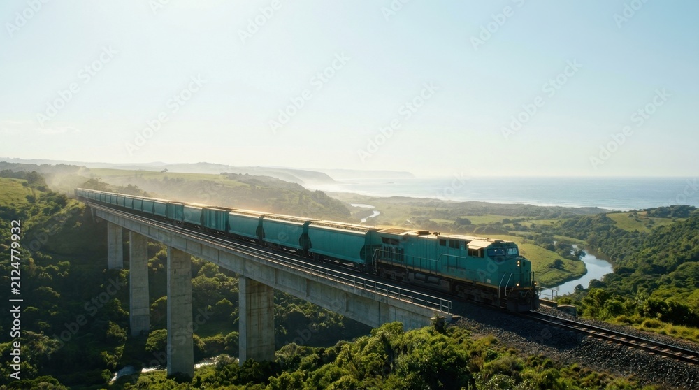 Fototapeta premium Freight Train Crossing High Viaduct Over Green Valley