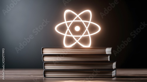 Glowing atom on books stack with studio light