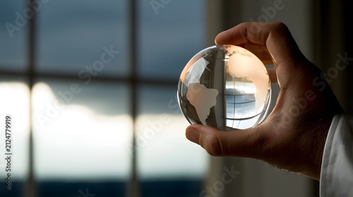 Glowing Glass Globe with Faint Continents in Hand against Bright Window