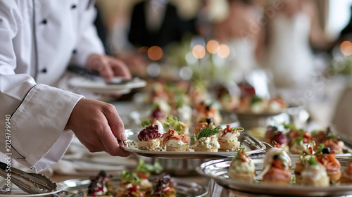 Caterer arranging hors d’oeuvres on silver trays at reception, professional event hospitality.