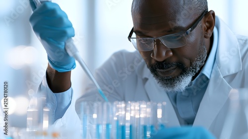A Black male scientist pipetting in a bright laboratory