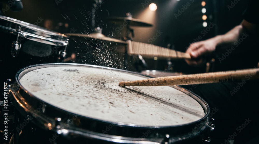 Obraz premium Close up of drummer hands playing snare drum on dark stage concert