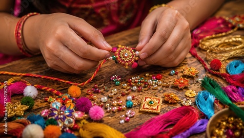 > Indian sister making and weaving a handmade Rakhi bracelet for her brother, Raksha Bandhan celebrating concept photography