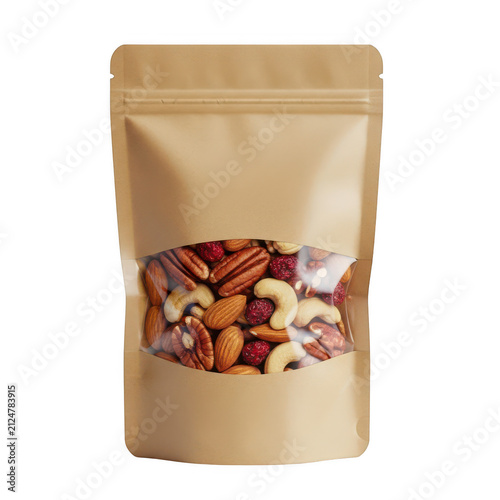 Brown kraft paper pouch with mixed nuts vector isolated on transparent background