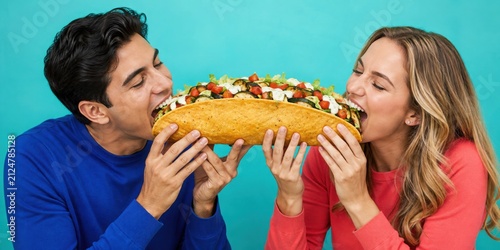 Two Friends Sharing a Giant Taco in a Studio Portrait