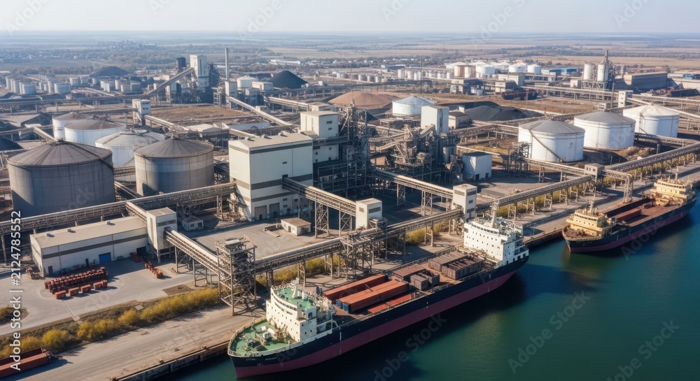 Fototapeta premium Aerial drone view of a bustling industrial port with a cargo ship loading iron ore for global export