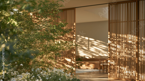 Zen Garden Entrance: Sunlight streams through a latticed wooden screen, casting intricate shadows on a tranquil path leading to an inviting interior.