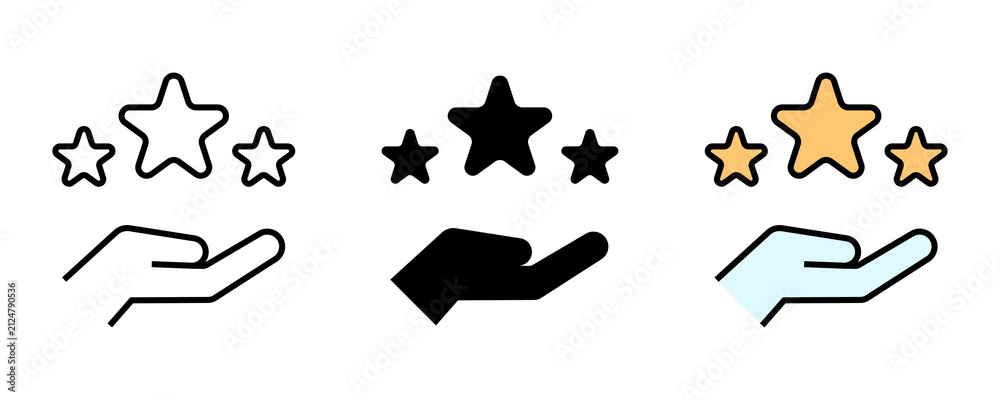 Fototapeta premium Three stars over hand icon, representing customer review, rating, or quality assessment in various styles.