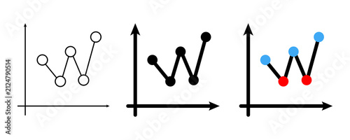 Foto Line graph collection showing fluctuating data points with peaks and valleys in line art silhouette and multi color variations