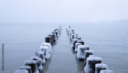 Frozen wooden breakwater in misty winter sea, icy groyne poles covered in white frost, minimalist coastal landscape in cold blue tones