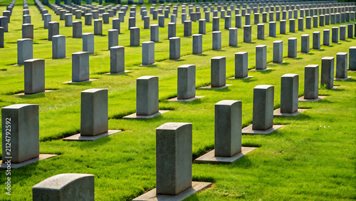 Military cemetery with uniform gravestones in memorial park. Rows of white headstones honoring fallen soldiers in serene outdoor setting.