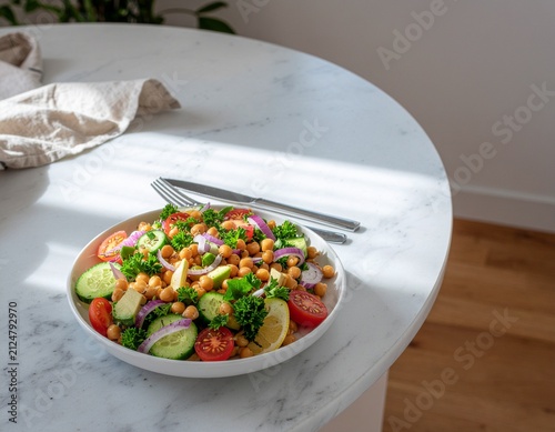 Healthy chickpea salad is served with fresh vegetables, avocado, and lemon in a bowl on a marble table under natural light