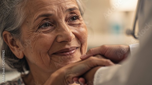Compassionate interaction between healthcare professional and elderly woman smiling in a warm hospital setting conveying care and support for patients