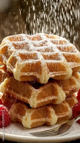 Fresh Golden Waffles Dusted with Powdered Sugar - A stack of warm, golden waffles is being dusted with fine powdered sugar, creating a sweet and inviting breakfast scene.