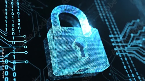 Digital padlock with binary code and circuit board, cybersecurity concept