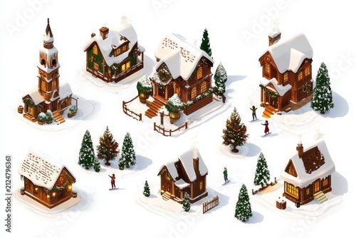 selective focus detailed isometric snowy countryside with holiday decorations skating families and pine trees