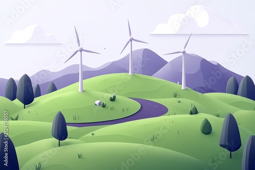 selective focus isometric wind farm with turbines spinning on a hill
