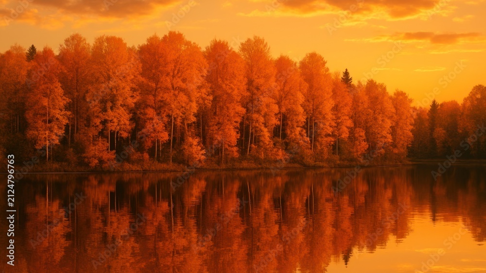 Obraz premium Golden autumn forest reflection tranquility desktop wallpaper